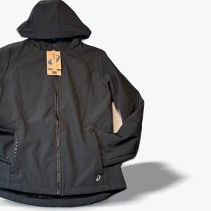 Asics Performance Softshell Jacket Women XS Reflective Fleece Lined Hooded Black